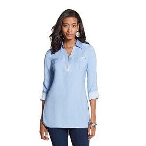 CHICO'S Women's Blue Zip Lela II Shirt Large 12 Satin Trim Flowy Relaxed Loose